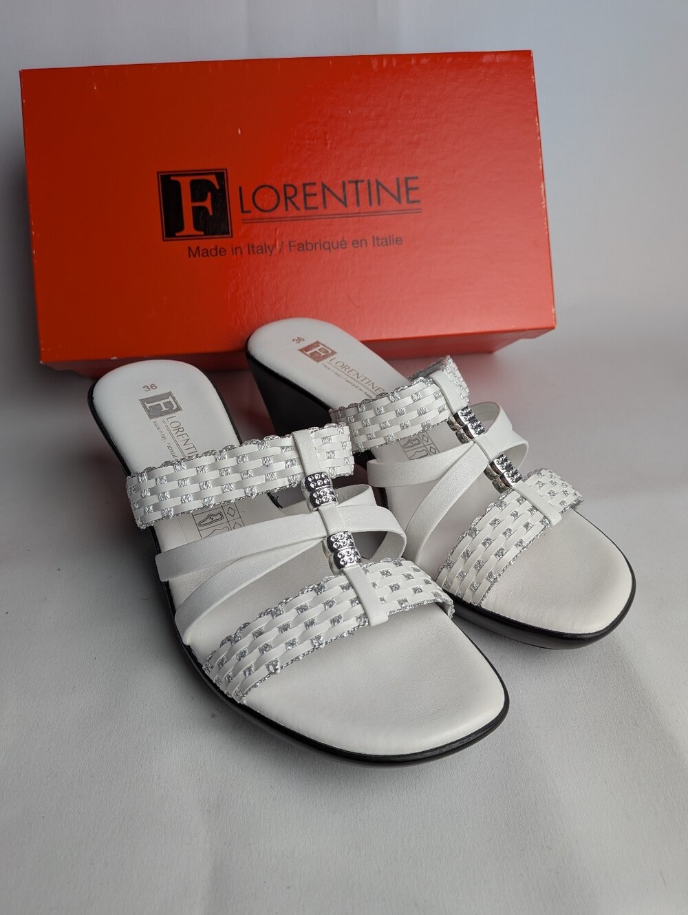 FLORENTINE Wedge Women Sandals Size 36 = 5.5, 6 US Made In Italy White Silver